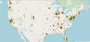 Map of USA. Location of open (red) and solved (green) complaints to Comcast, 2015. FCC data.