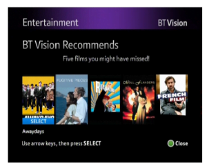 TV screen. BT Vision (video on demand service) testing recommender algorithm shows five images of films you might be interested in.