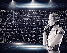 An image of artificial intelligence. A robot thinking about how to solve equations on a blackboard.